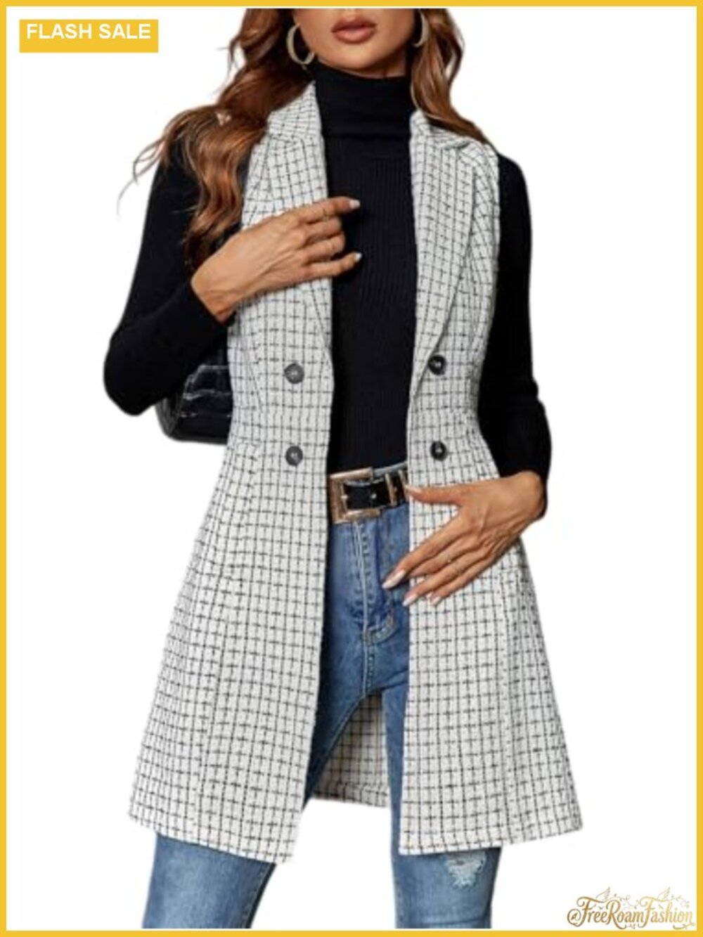 Women's Tweed Plaid Long Blazer Vest Sleeveless Business Casual Workwear